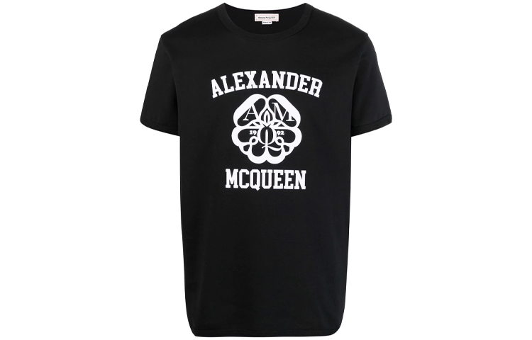Order Alexander McQueen SS22 Logo Cetak Hitam Baju-T Lengan Pendek. 682519-QSZ53-0901