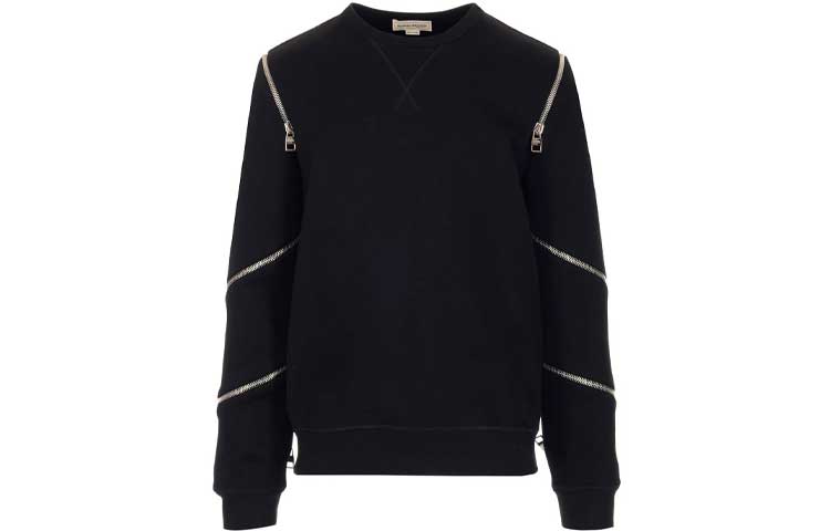 Alexander McQueen SS22 Black Crewneck Pullover Sweatshirt with Zipper Details Men 687743-QSX56-1010