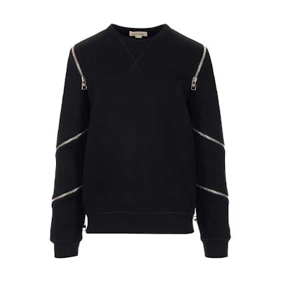 Alexander McQueen SS22 Black Crewneck Pullover Sweatshirt with Zipper Details Men 687743-QSX56-1010