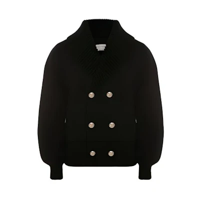 Alexander McQueen SS22 Black Double-Breasted Cutout Knit Aviator Jacket Men 684319-Q1XCO-1001