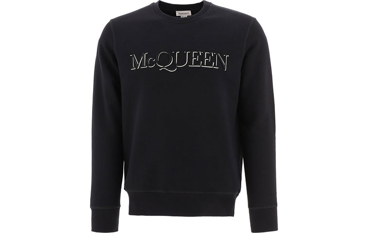 Order Alexander McQueen SS22 Baju Longgar Hitam Logo Cetak Lengan Panjang. 688719-QSX96-1000