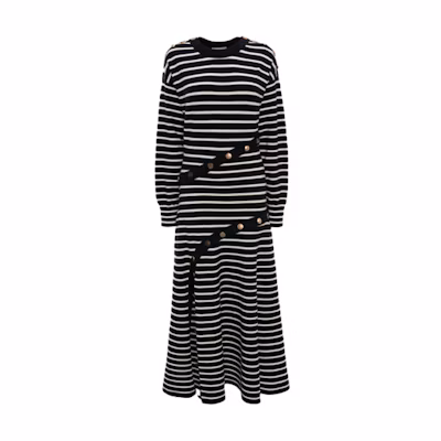 Alexander McQueen SS22 Button Striped Knit A-Line Midi Dress Navy Blue. 688626-Q1AZF-4127