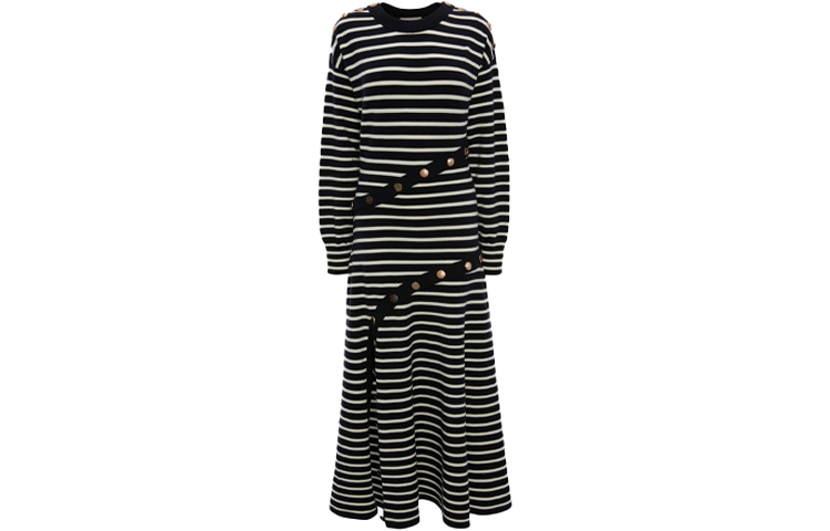 Order Alexander McQueen SS22 Button Striped Knit A-Line Midi Dress Navy Blue. 688626-Q1AZF-4127