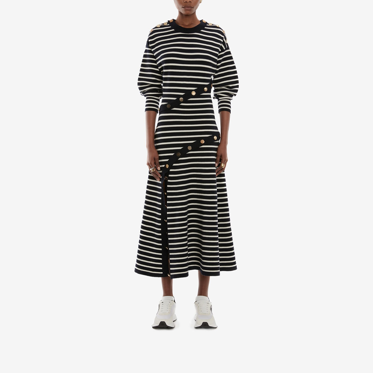 Lookbook Alexander McQueen SS22 Button Striped Knit A-Line Midi Dress Navy Blue. 688626-Q1AZF-4127
