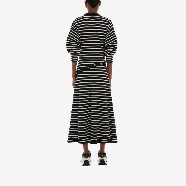 Shop Alexander McQueen SS22 Button Striped Knit A-Line Midi Dress Navy Blue. 688626-Q1AZF-4127