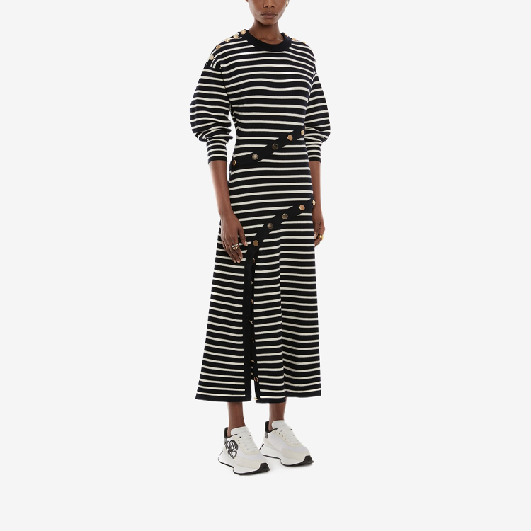 Purchase Alexander McQueen SS22 Button Striped Knit A-Line Midi Dress Navy Blue. 688626-Q1AZF-4127