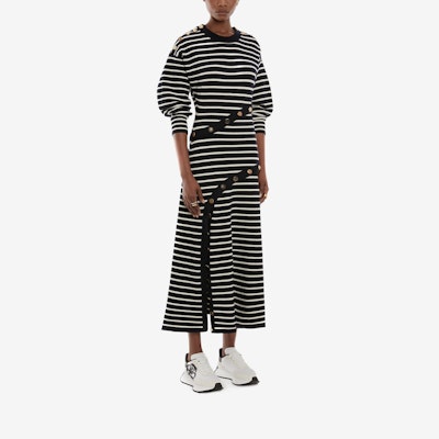 Alexander McQueen SS22 Button Striped Knit A-Line Midi Dress Navy Blue. 688626-Q1AZF-4127 Purchase Alexander McQueen SS22 Button Striped Knit A-Line Midi Dress Navy Blue. 688626-Q1AZF-4127