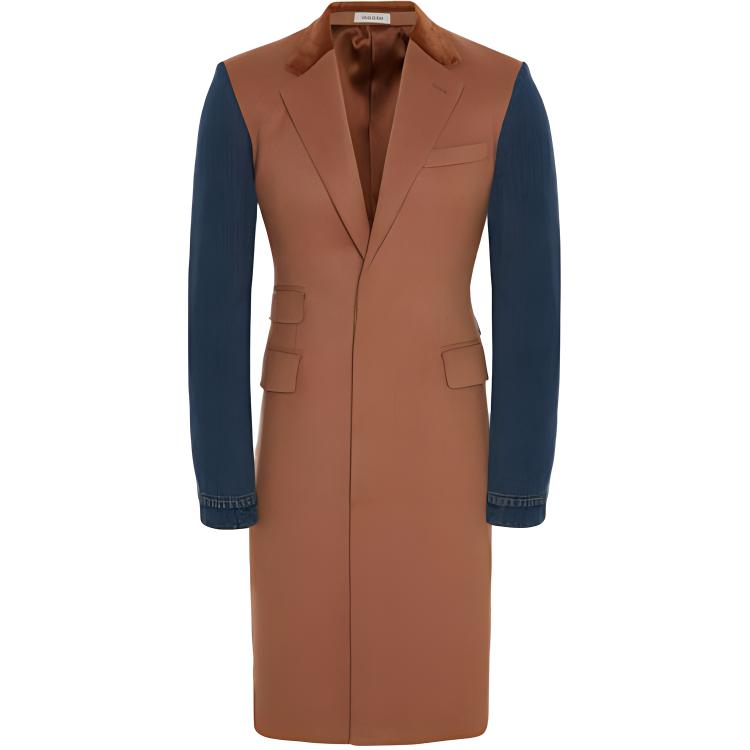 Alexander McQueen SS22 Camel Denim Patchwork Sleeve Mid-Length Blazer Coat 682882-QSV29-9747