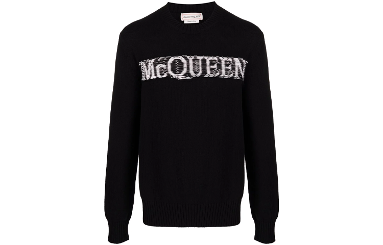 Order Alexander McQueen SS22 Logo Crewneck Knit Sweater Hitam Pakaian Lelaki 689555-Q1GBL-1046
