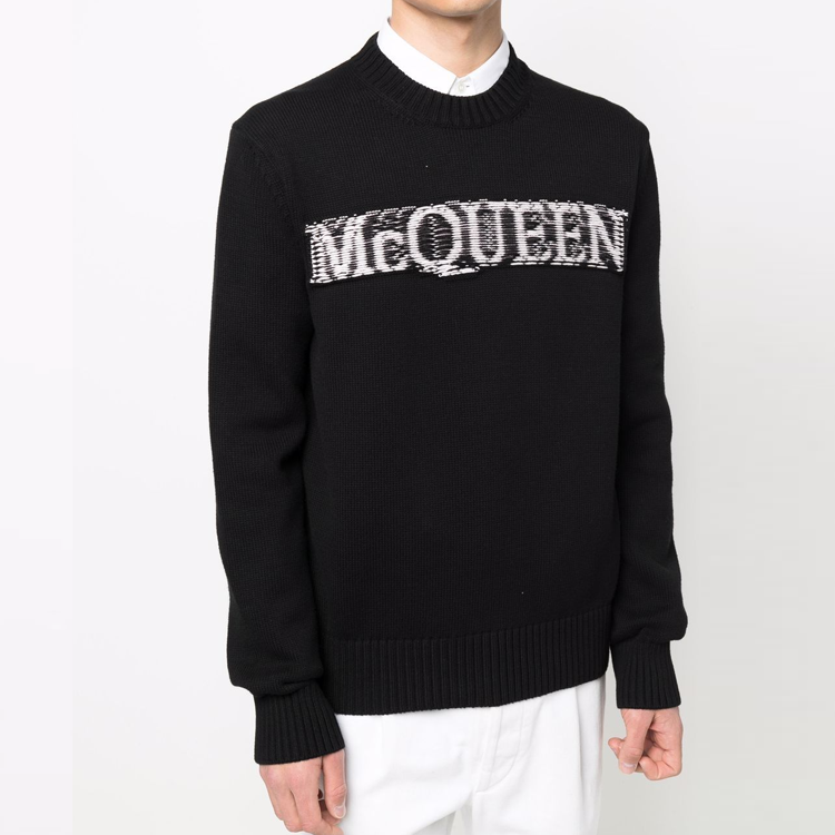 Shop Alexander McQueen SS22 Logo Crewneck Knit Sweater Hitam Pakaian Lelaki 689555-Q1GBL-1046