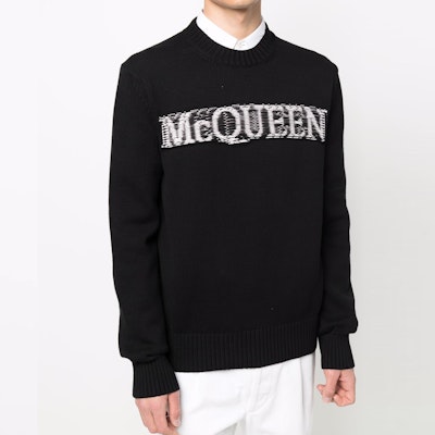 Alexander McQueen SS22 Logo Crewneck Knit Sweater Hitam Pakaian Lelaki 689555-Q1GBL-1046 Shop Alexander McQueen SS22 Logo Crewneck Knit Sweater Hitam Pakaian Lelaki 689555-Q1GBL-1046