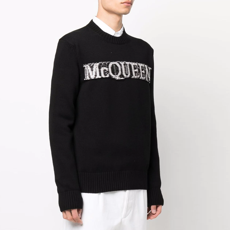 Details for Alexander McQueen SS22 Logo Crewneck Knit Sweater Hitam Pakaian Lelaki 689555-Q1GBL-1046