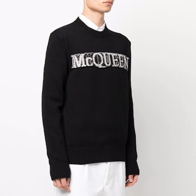 Alexander McQueen SS22 Logo Crewneck Knit Sweater Hitam Pakaian Lelaki 689555-Q1GBL-1046 Details for Alexander McQueen SS22 Logo Crewneck Knit Sweater Hitam Pakaian Lelaki 689555-Q1GBL-1046