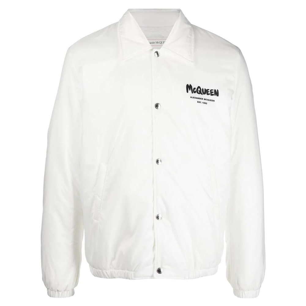 Alexander McQueen SS22 Logo Printed Single-Breasted Bomber Jacket White Mens 662323-QTR60-9000