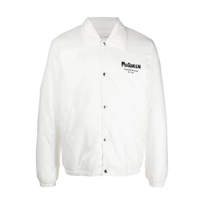 Alexander McQueen SS22 Logo Printed Single-Breasted Bomber Jacket White Mens 662323-QTR60-9000