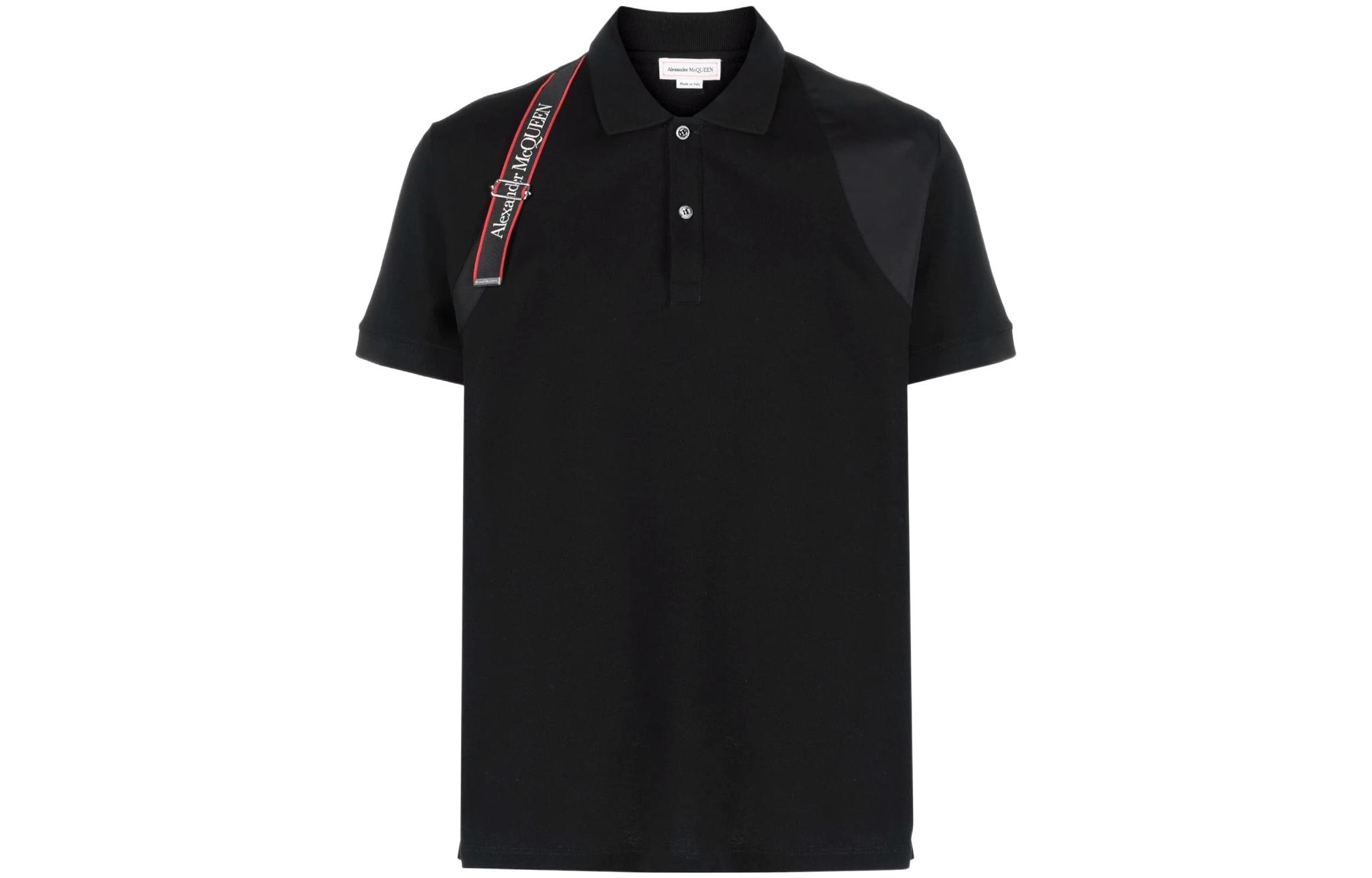 Alexander McQueen SS22 Logo Strap Detail  Cotton Polo Shirt Black 625245-QSX33-1000