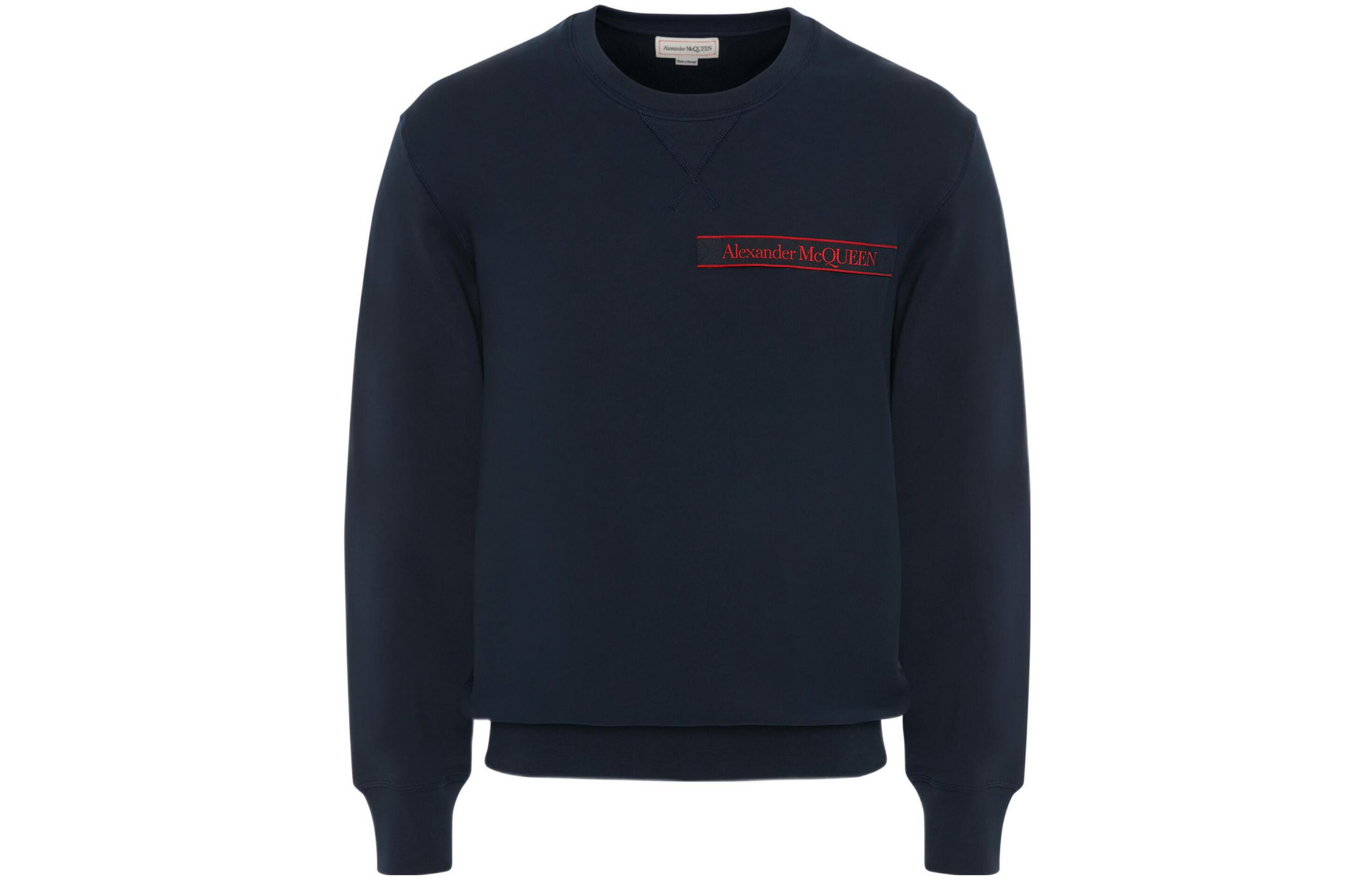 Alexander McQueen SS22 Navy Blue Logo Print Crewneck Pullover Sweatshirt Men 642663-QTX75-0913