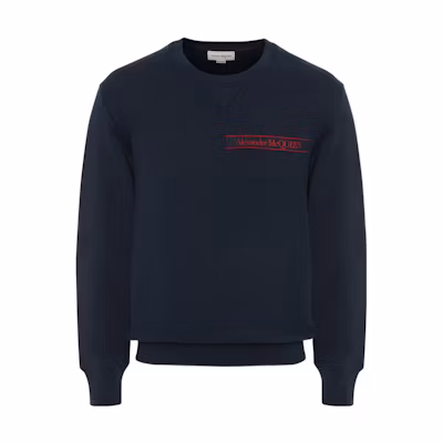 Alexander McQueen SS22 Navy Blue Logo Print Crewneck Pullover Sweatshirt Men 642663-QTX75-0913