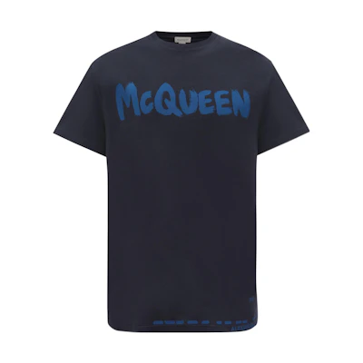 Alexander McQueen SS22 Navy Logo Print Crewneck T-Shirt . 622104-QUZ57-0933
