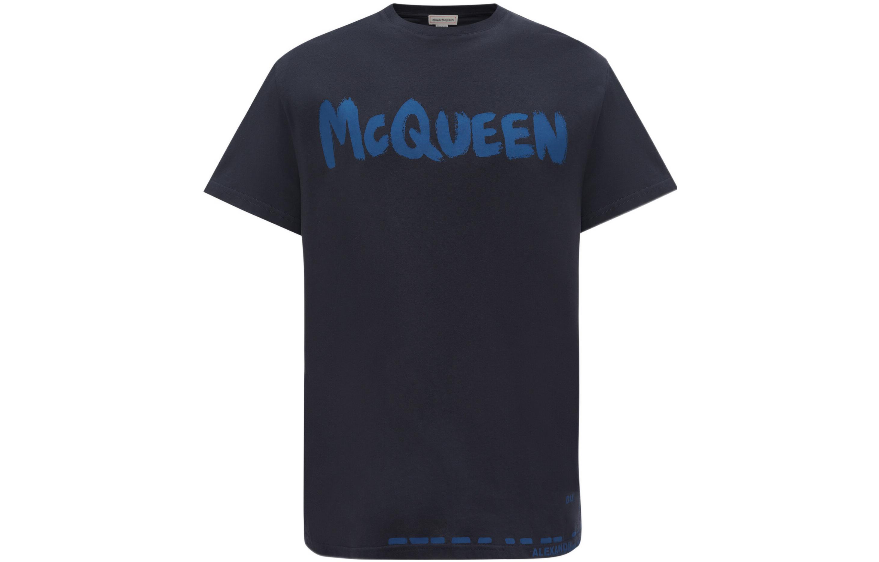 Order Alexander McQueen SS22 Kaos Crewneck Logo Cetak Navy. 622104-QUZ57-0933