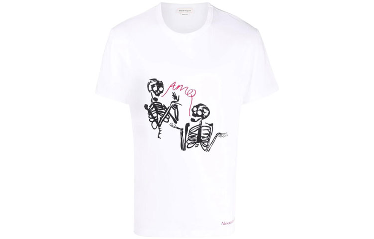 Order Alexander McQueen SS22 Skull Print Baju-T Leher Bulat Putih Kapas 682529-QSZ61-0900