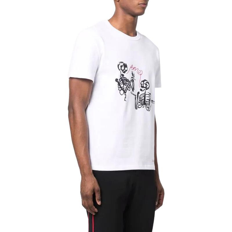 Shop Alexander McQueen SS22 Skull Print Baju-T Leher Bulat Putih Kapas 682529-QSZ61-0900