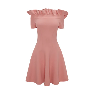 Alexander McQueen SS22 Solid Off-Shoulder Mini Dress Anemone Red 688641-Q1AZT-6070