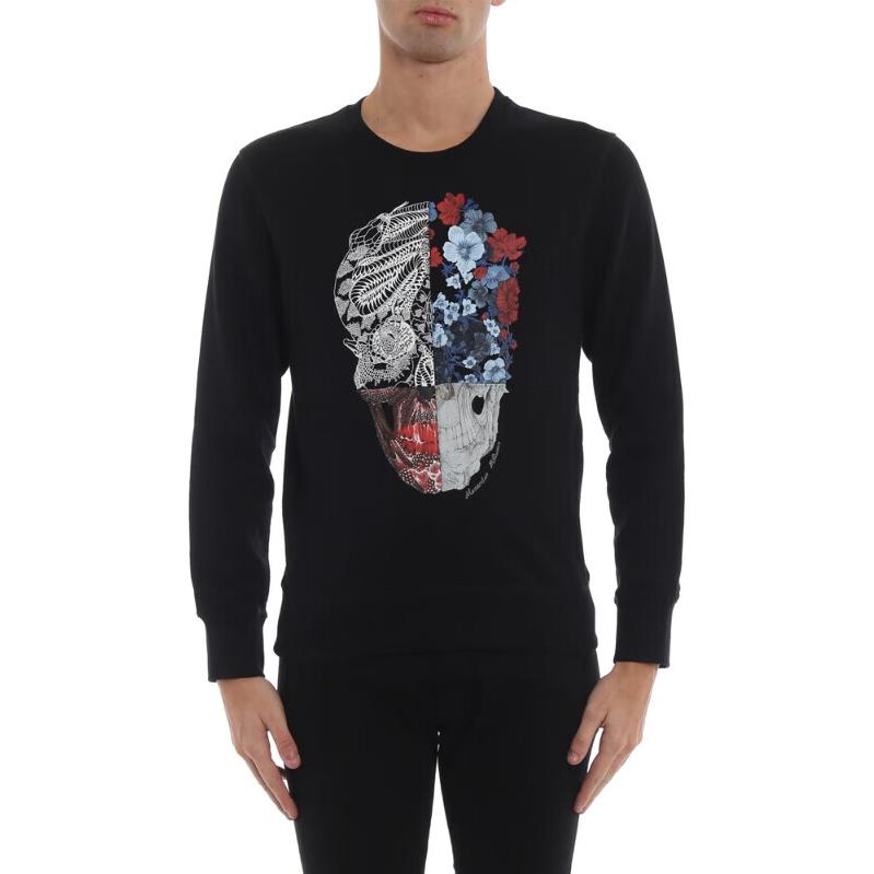 Order Alexander McQueen SS23 Baju Hitam Lengan Panjang Kapas Berleher Bulat Cetakan 550494-QMZ71-0901