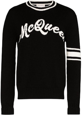 Alexander McQueen SS23 Black Logo Intarsia Knit Pullover Sweater 603257-Q1GBF-1001 Buy Alexander McQueen SS23 Black Logo Intarsia Knit Pullover Sweater 603257-Q1GBF-1001