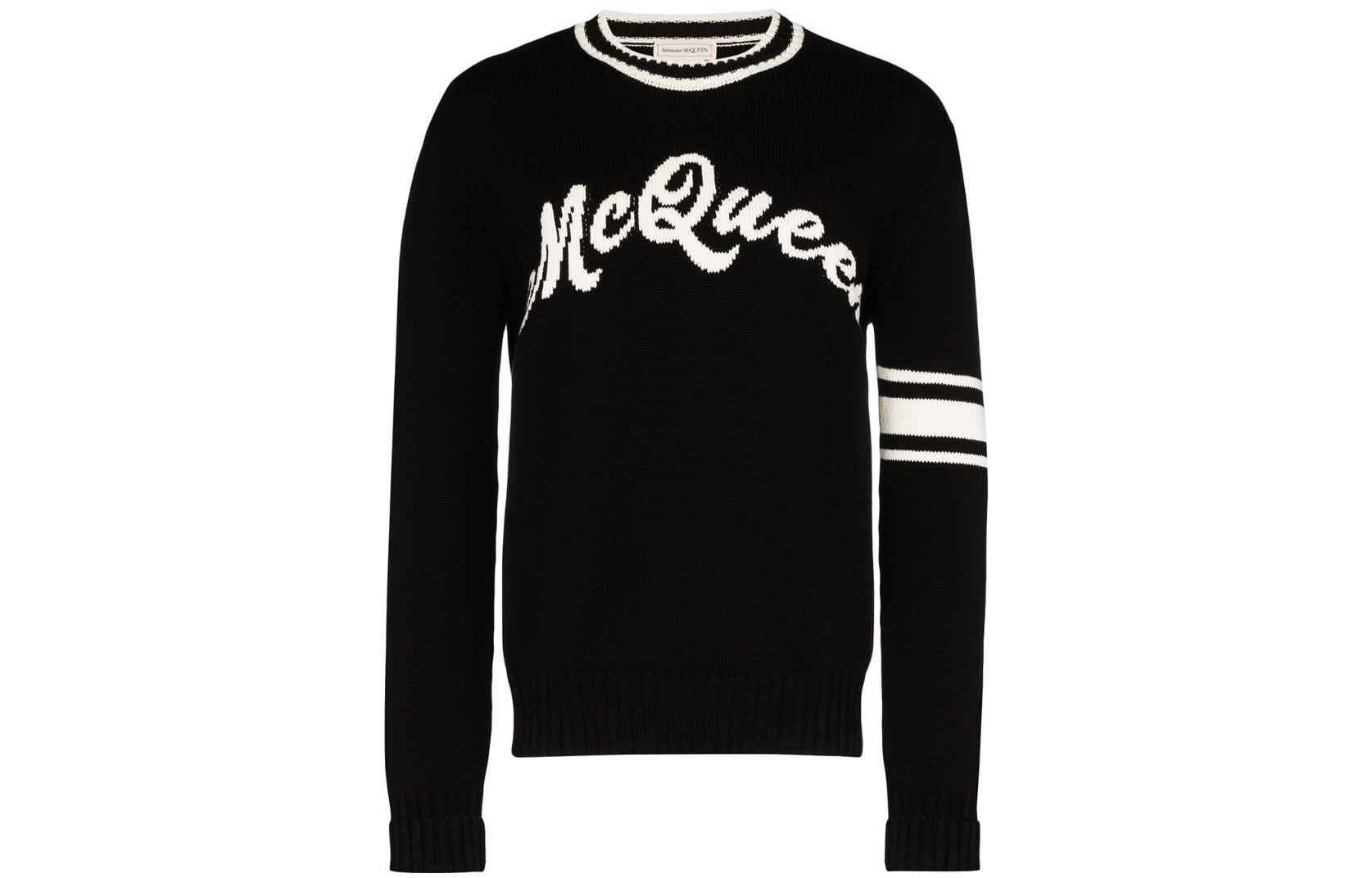Order Alexander McQueen SS23  Black Logo Intarsia Knit Pullover Sweater 603257-Q1GBF-1001
