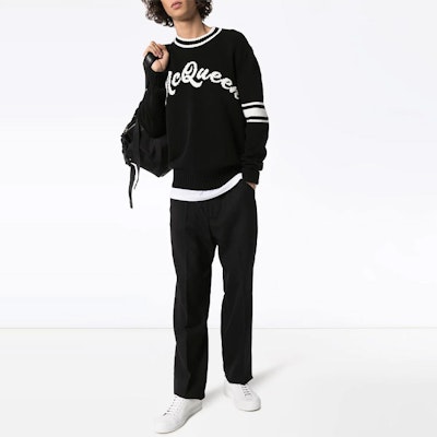 Alexander McQueen SS23 Black Logo Intarsia Knit Pullover Sweater 603257-Q1GBF-1001 Lookbook Alexander McQueen SS23 Black Logo Intarsia Knit Pullover Sweater 603257-Q1GBF-1001