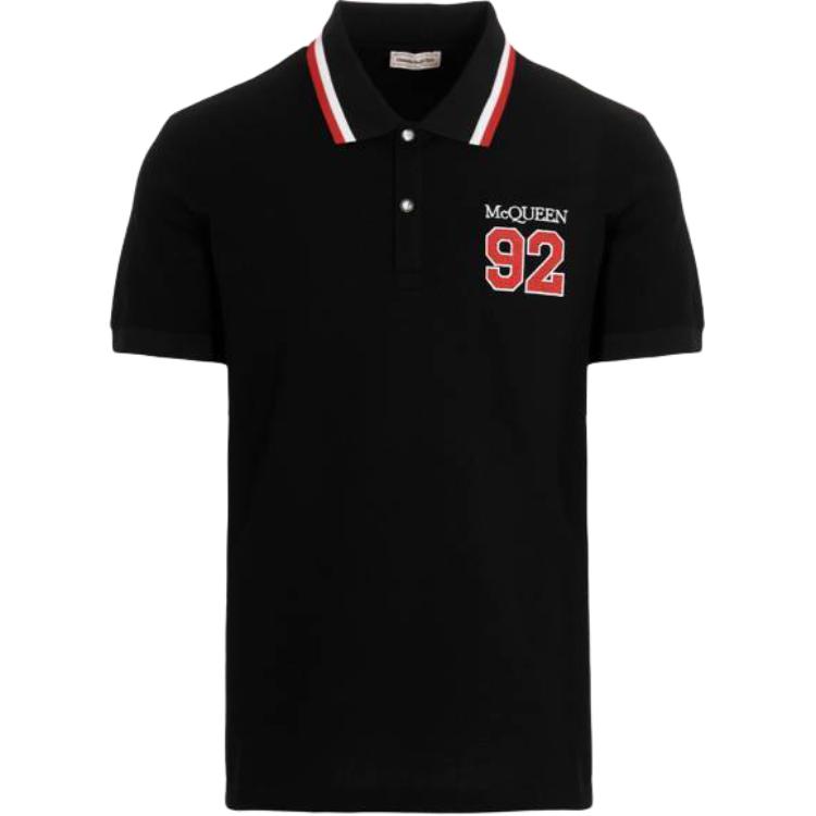 Alexander McQueen SS23  Black Logo Print Stripe Polo Shirt 727289-QUX33-1000
