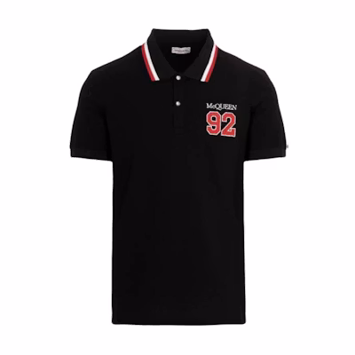 Alexander McQueen SS23 Black Logo Print Stripe Polo Shirt 727289-QUX33-1000