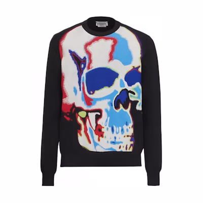 Alexander McQueen SS23 Black Skull Pattern Crewneck Sweater 752061-Q1XHY-1033