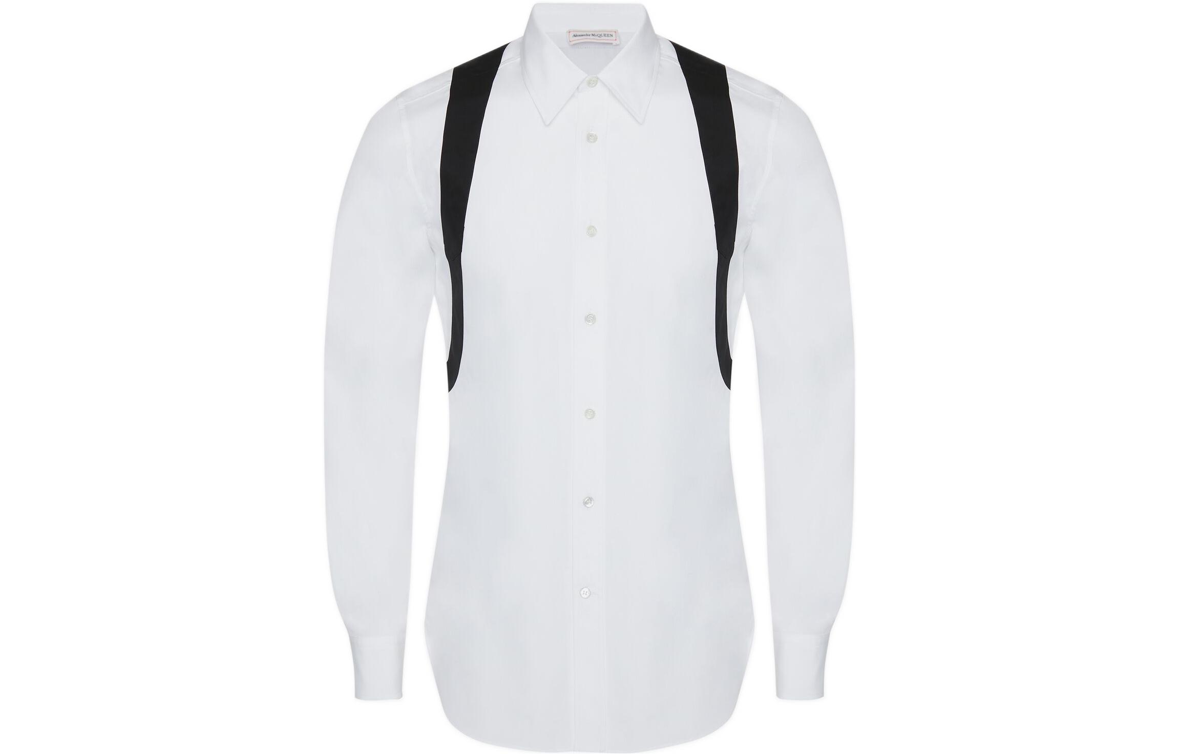 Order Alexander McQueen SS23  White Long-Sleeve Shirt with Black Strap Detail. 730791-QUN66-9000