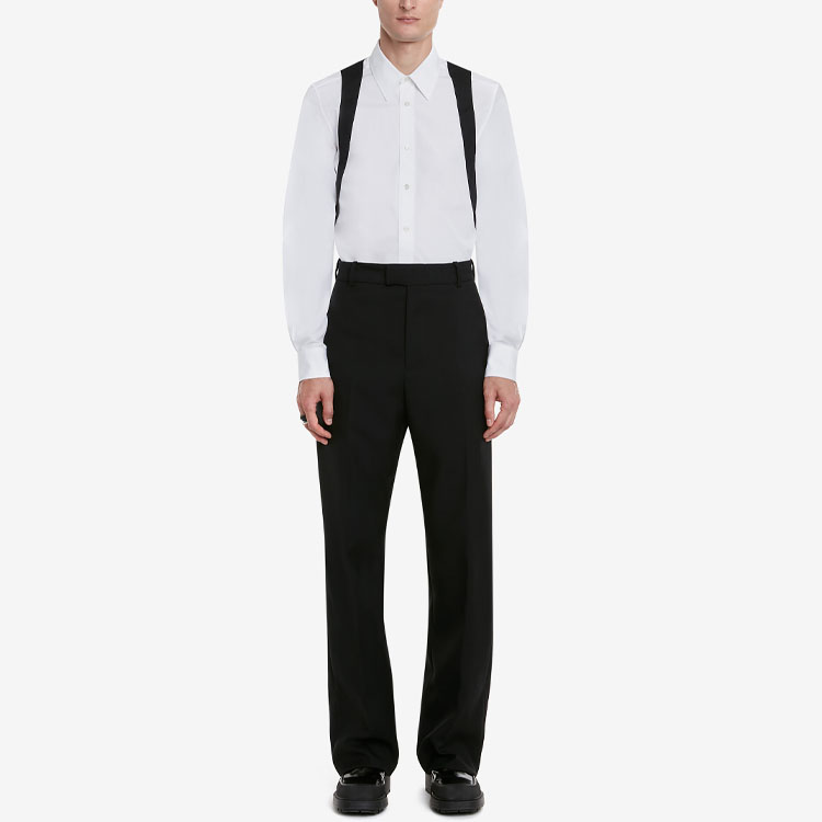 Shop Alexander McQueen SS23  White Long-Sleeve Shirt with Black Strap Detail. 730791-QUN66-9000
