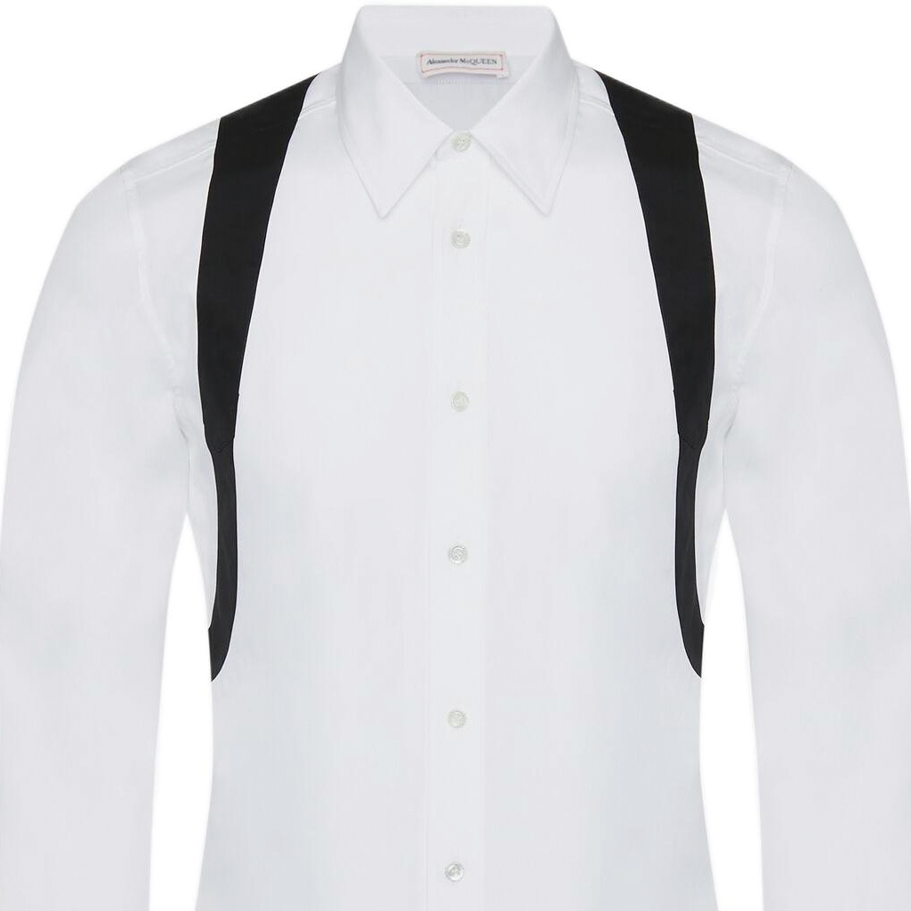 Sizing Alexander McQueen SS23  White Long-Sleeve Shirt with Black Strap Detail. 730791-QUN66-9000