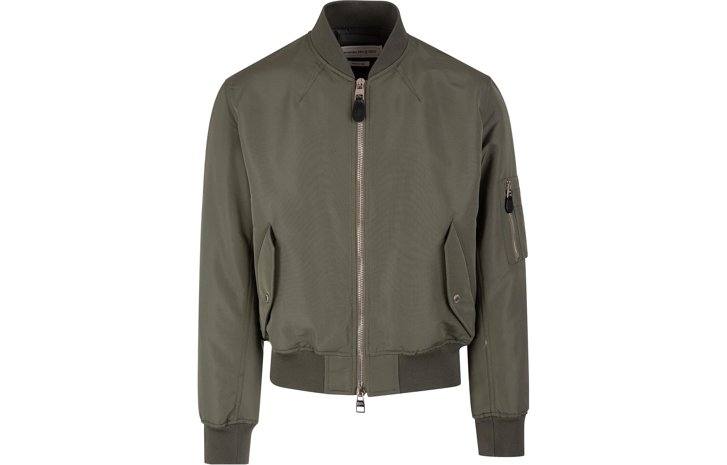 Alexander McQueen SS23 Back Logo Print Bomber Jacket Olive Green 682880-QSR77-3430