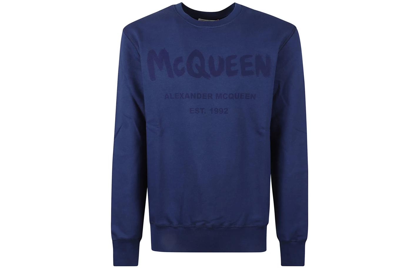 Alexander McQueen SS23 Blue Letter Print Crewneck Pullover Sweatshirt Men 688713-QVZ81-0943