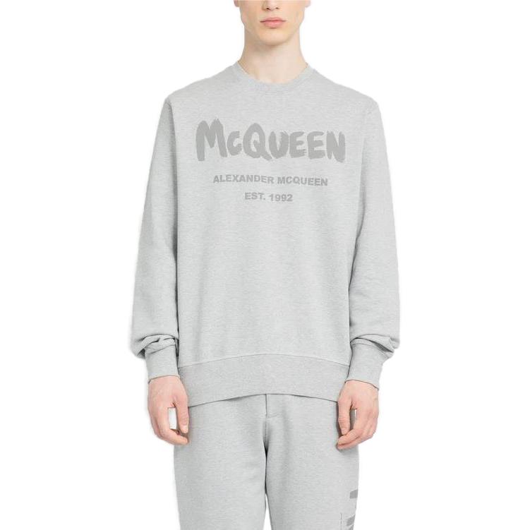 Shop Alexander McQueen SS23 Letter Print Crewneck Sweatshirt Lelaki Dove Grey. 688713-QVZ81-0922