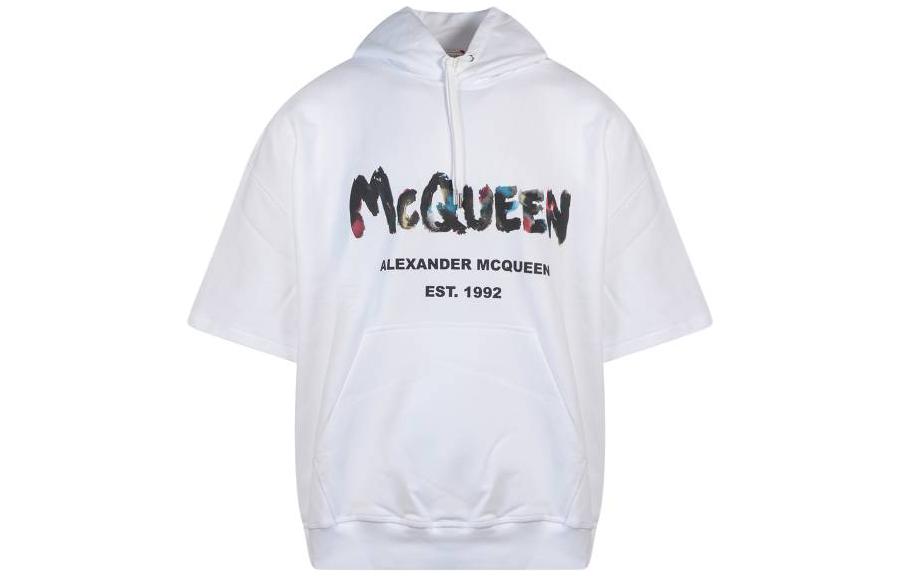 Alexander McQueen SS23 Logo Print Short-Sleeve Hoodie White () 727689-QUZ36-0900