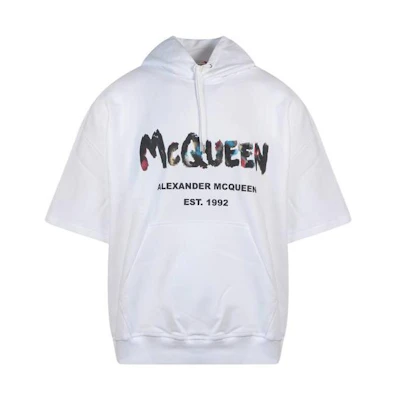 Alexander McQueen SS23 Logo Print Short-Sleeve Hoodie White () 727689-QUZ36-0900