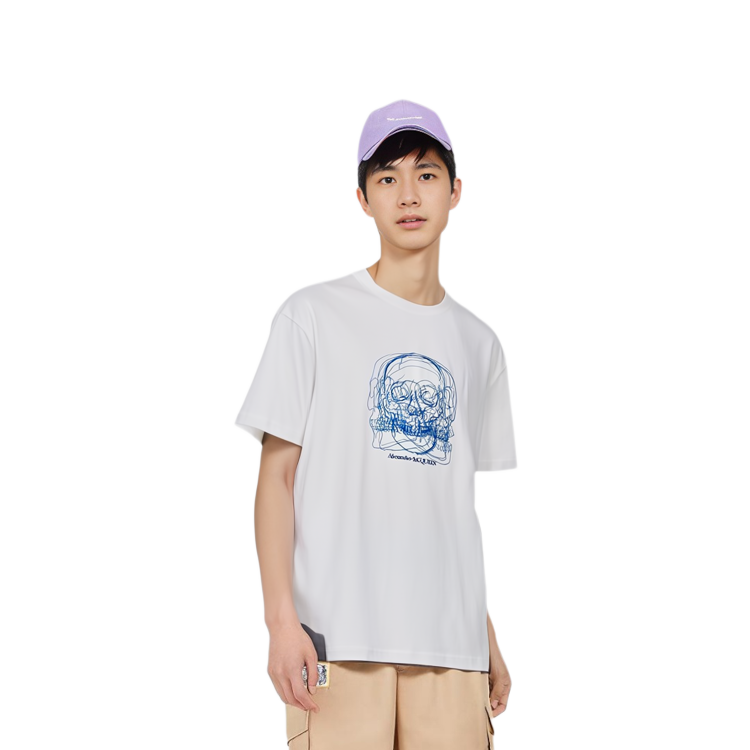 Shop Alexander McQueen SS23 Skull Letter Graphic White Crewneck T-Shirt . 750672-QVZ18-0900
