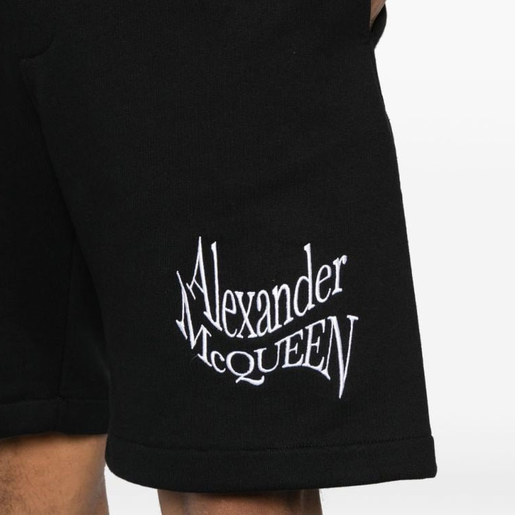 Details for Alexander McQueen SS24  Black Embroidered Logo Relaxed Straight Shorts. 781880-QXAAM-1000