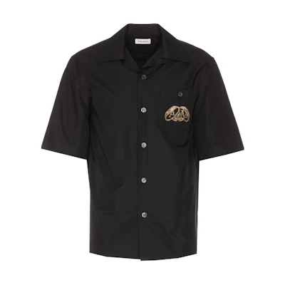 Alexander McQueen SS24 Black Logo Cuban Collar Short Sleeve Shirt 782260-QNAAD-1000