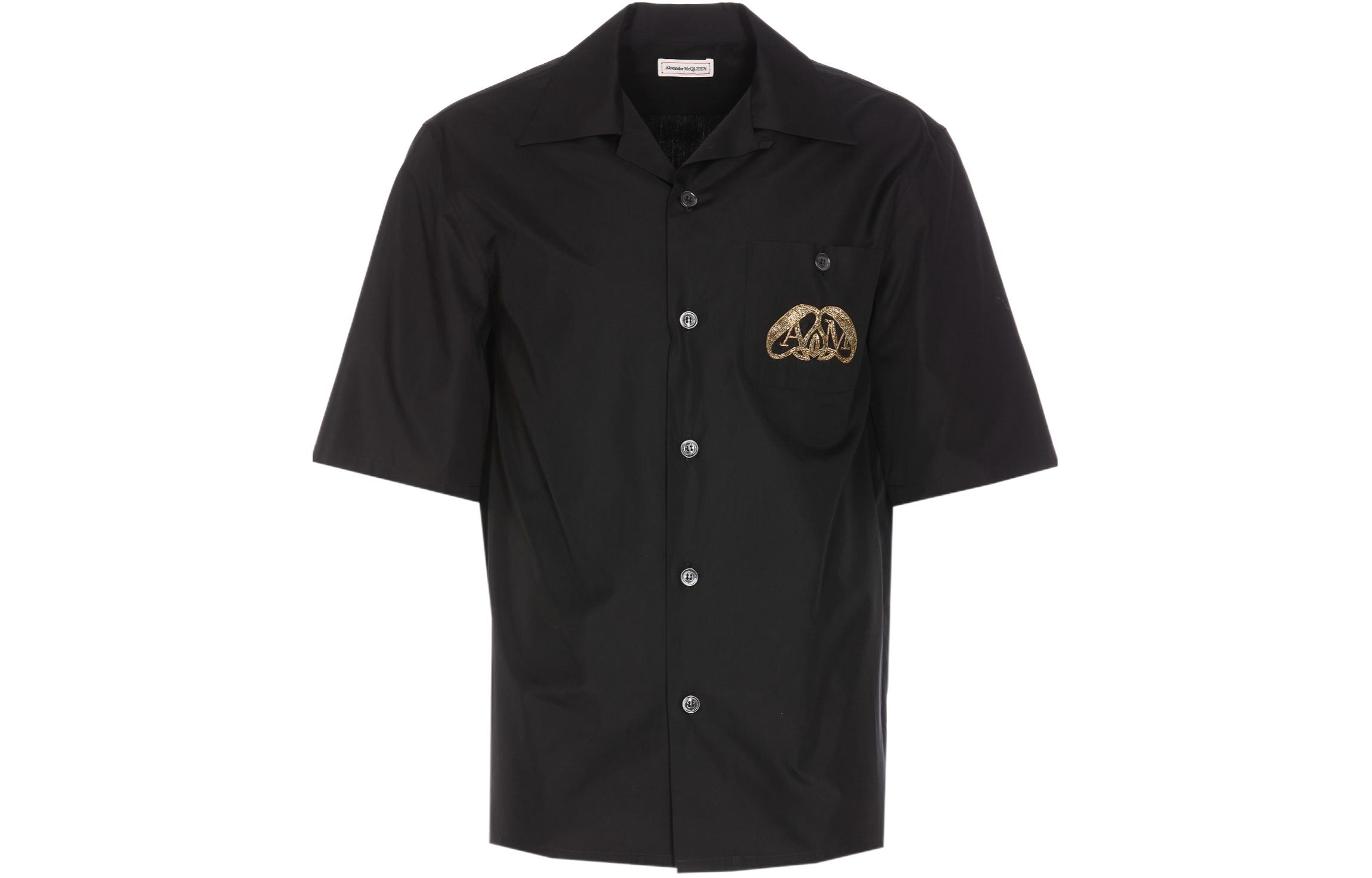 Order Alexander McQueen SS24  Black Logo Cuban Collar Short Sleeve Shirt 782260-QNAAD-1000