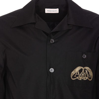 Alexander McQueen SS24 Black Logo Cuban Collar Short Sleeve Shirt 782260-QNAAD-1000 Purchase Alexander McQueen SS24 Black Logo Cuban Collar Short Sleeve Shirt 782260-QNAAD-1000