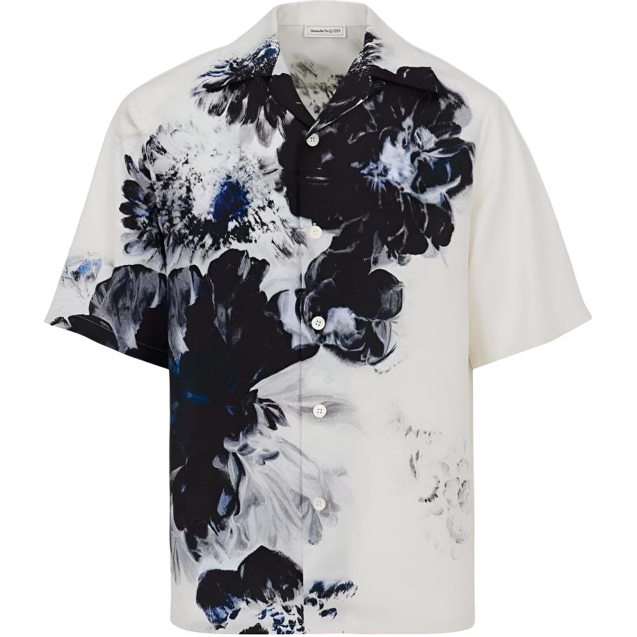 Alexander McQueen SS24  White Floral Print Cuban Collar Short Sleeve Shirt 782273-QQAAM-1090