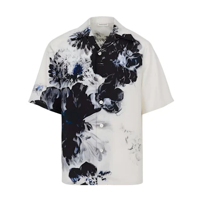 Alexander McQueen SS24 White Floral Print Cuban Collar Short Sleeve Shirt 782273-QQAAM-1090