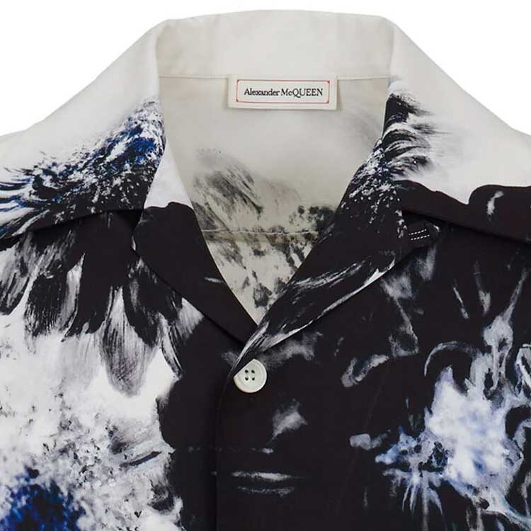 Sizing Alexander McQueen SS24  White Floral Print Cuban Collar Short Sleeve Shirt 782273-QQAAM-1090